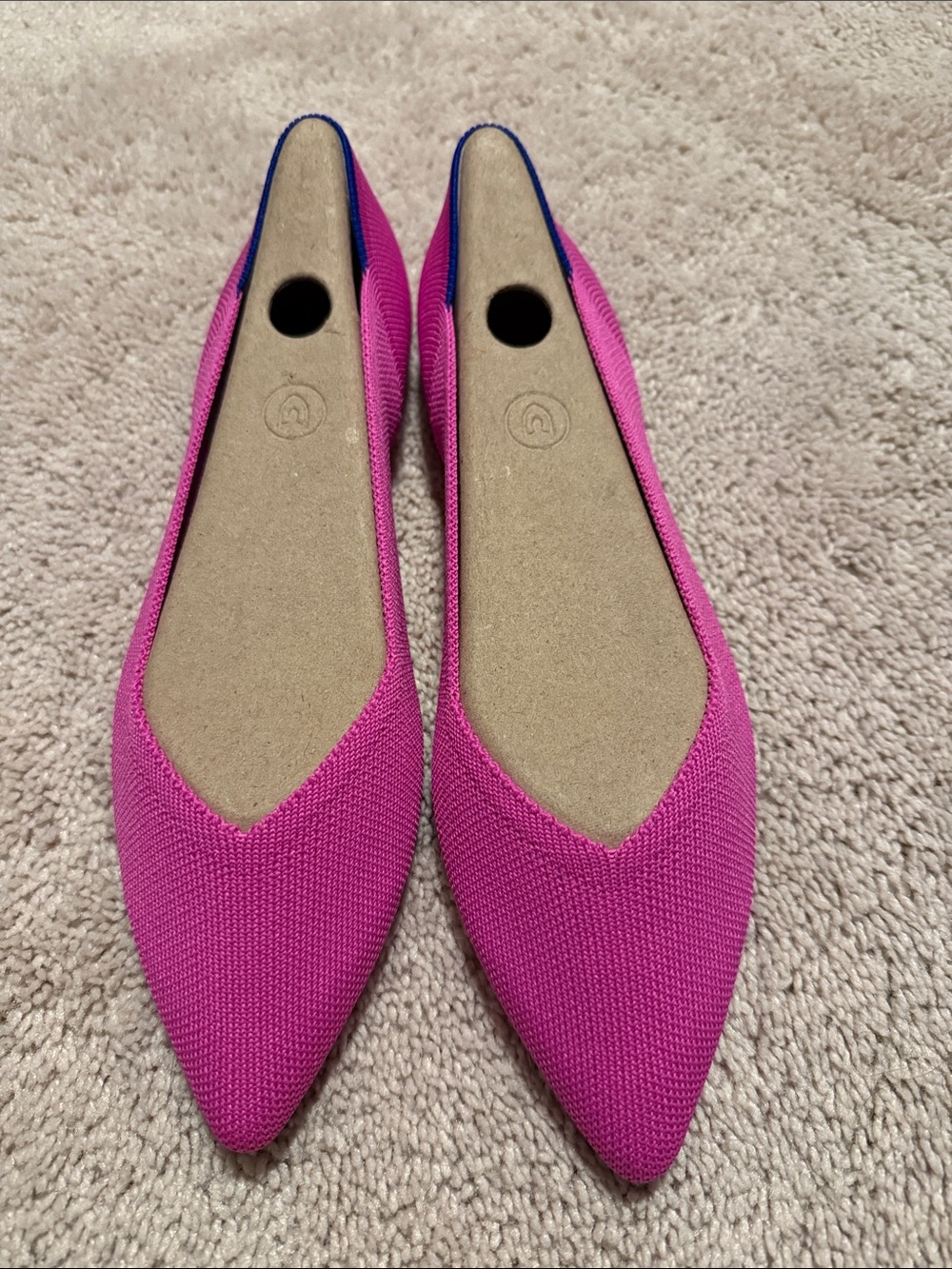 Rothy's Pointed Knit Flats in Hot Pink with Blue Trim